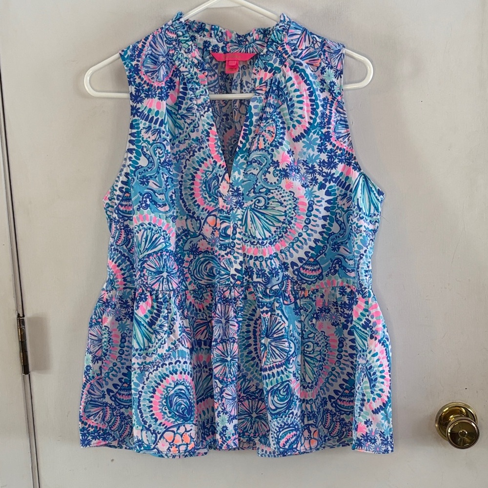 Lilly Pulitzer Novella blue aqua pink sea life print sleeveless blouse Size L